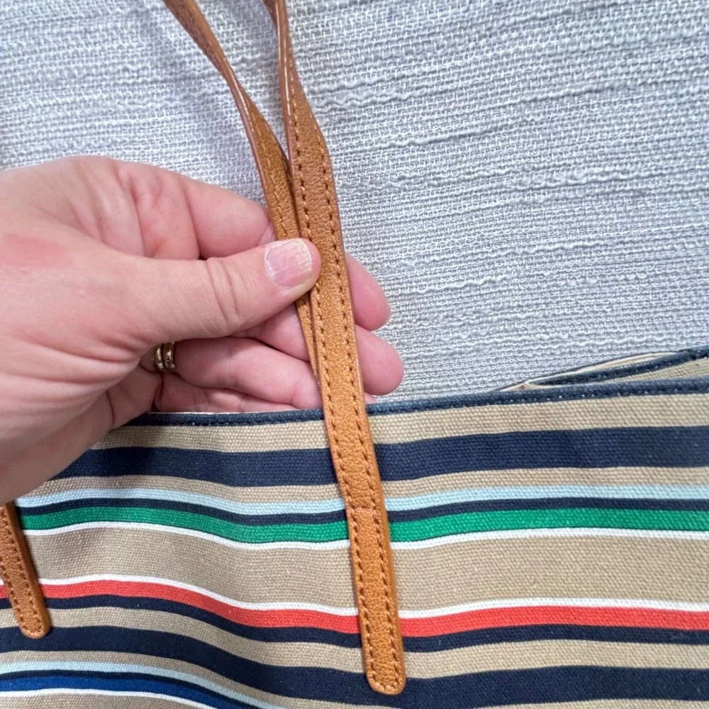 Talbots Multi Color Striped Canvas Tote Bag Leather Trim Navy Tan Pink Green